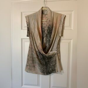 Joan Vass Abstract Print Draped Neckline Top Large Chic Artsy Feminine‎